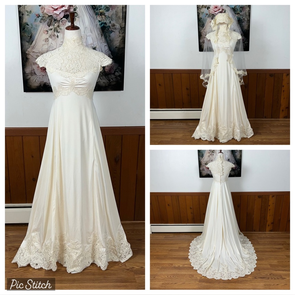 Vintage Cream Lace High-Neck Bridal Gown